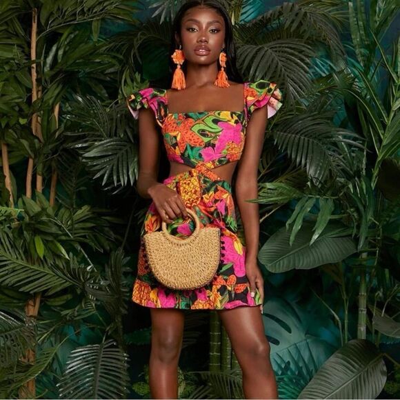 EUC SHEIN Tropical Print Cut Out Dress Medium - Picture 1 of 3